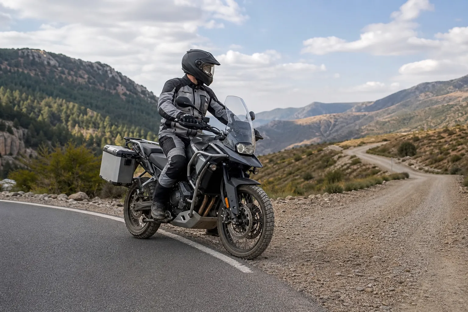 Motosikletin asfalttan mıcır yola kontrollü geçişi