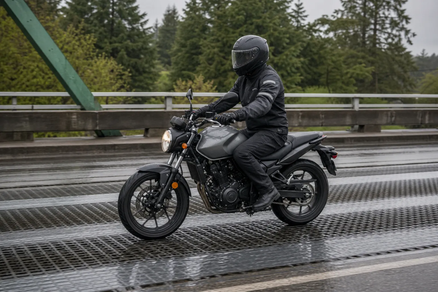 Motosikletin ıslak metal yüzeyden dik ve kontrollü biçimde geçmesi