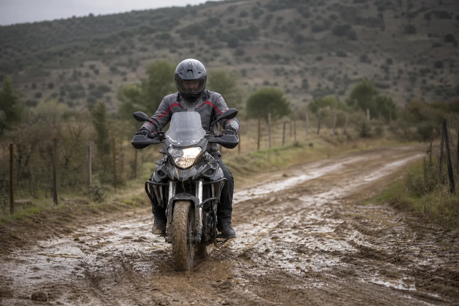 Motosikletlinin çamurlu zeminden yavaş ve dengeli biçimde geçmesi